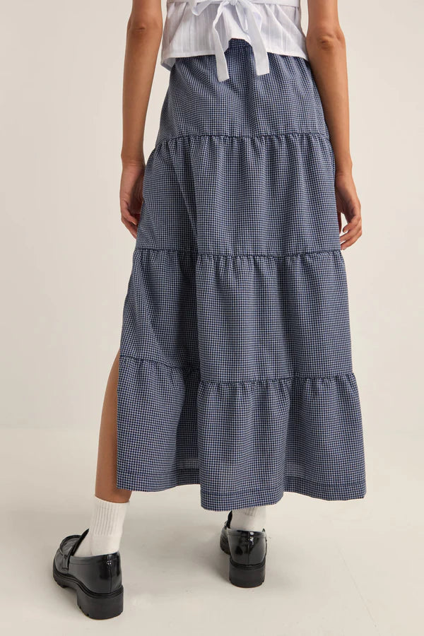 Lola Check Tiered Maxi Skirt / Navy